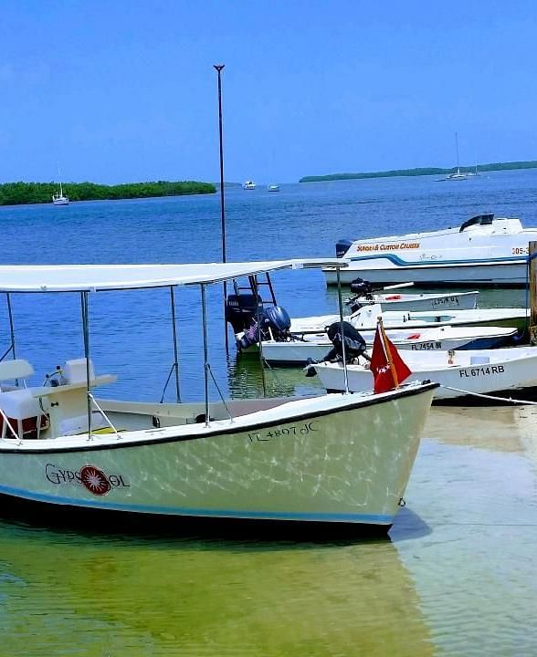 Boats moored on the shore at Casa Morada with clear skies, palm trees, and calm sea in the background.
