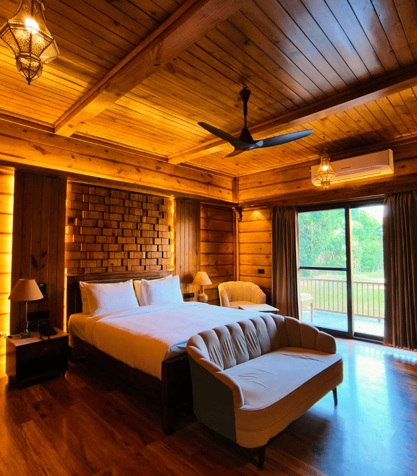 A bedroom at The Baagh Ananta Elite, Ranthambore featuring a king size bed, upholstered bench, single armchair, and glass door leading to a balcony.