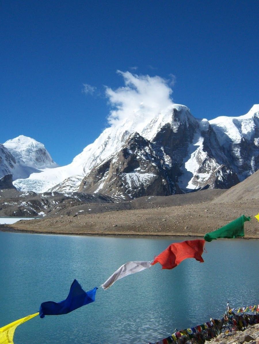 Image of Buddhist Prayer Flag with snow clad montain in the background