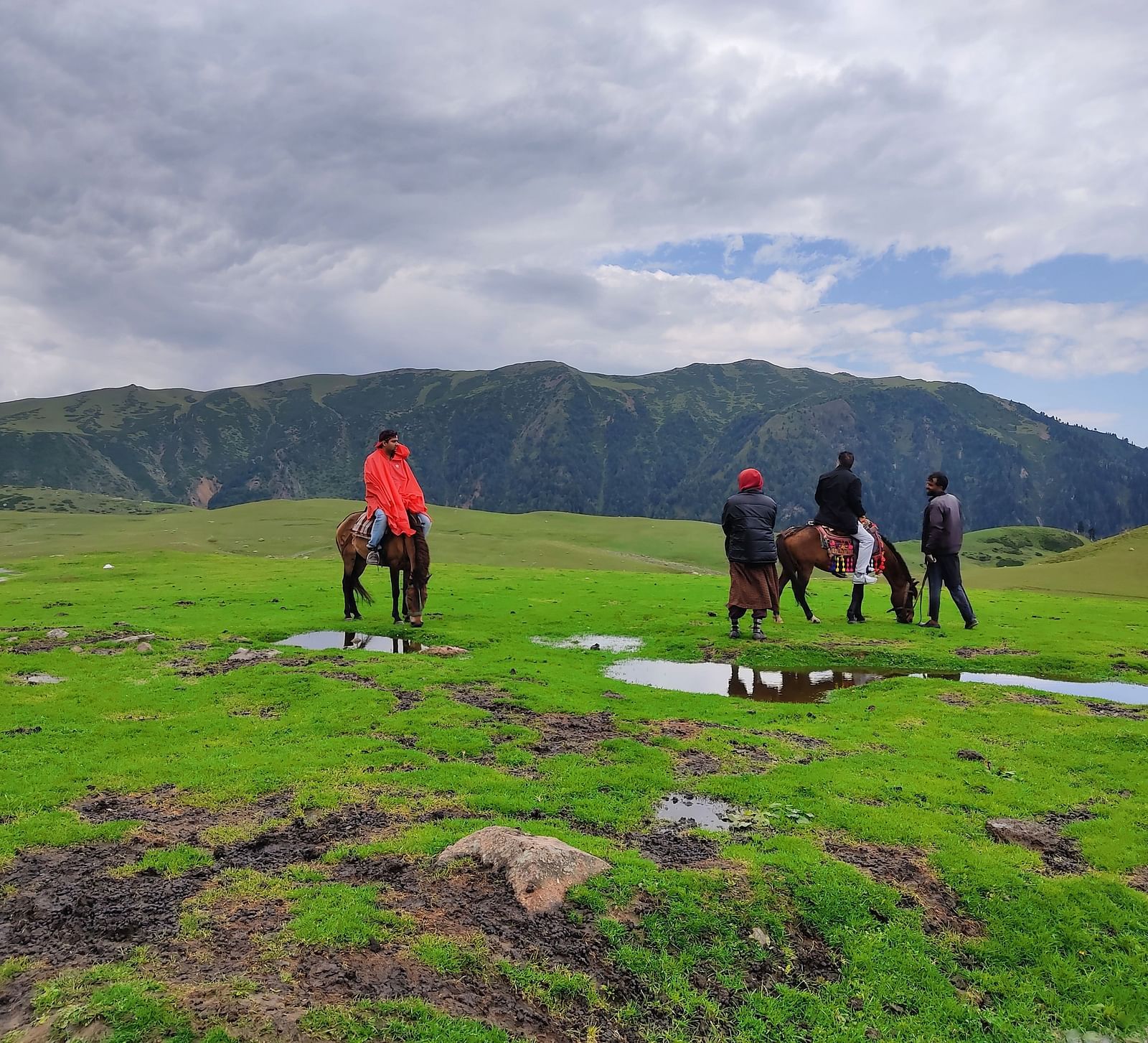 People walking their horses on a cloudy day
