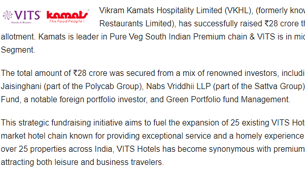 A snippet of APN News which states that Vikram Kamats Hospitality Limited Raises ?28 Crore Equity to Accelerate growth and nationwide Expansion