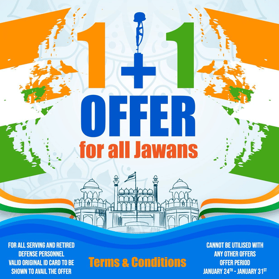 A Republic Day promotional poster announcing a 1+1 ticket offer for jawans at Black Thunder with patriotic design elements, tricolour-themed wave graphics, and the offer headline placed at the center.