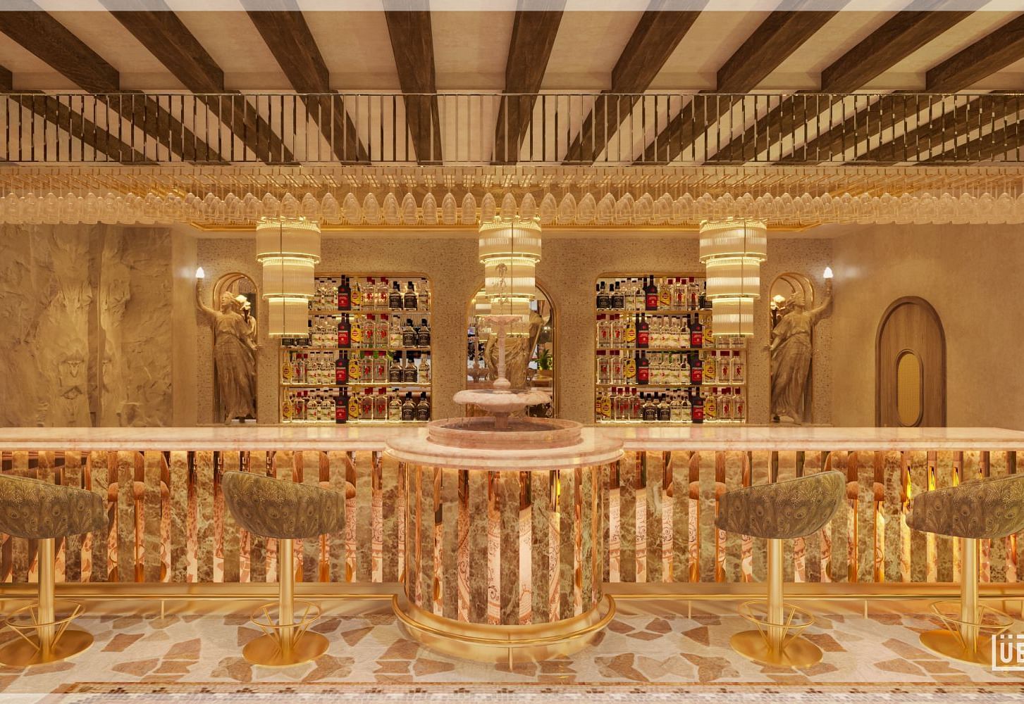 A stylish bar area with a modern golden theme and intricate decorative elements at Themis Barbecue House, Ambience Mall, Gurugram