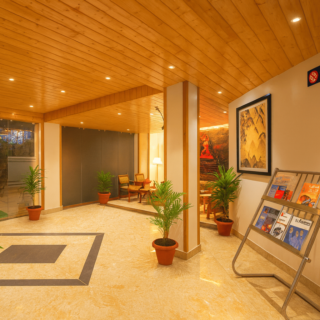Spacious 3-star hotel lobby in Gangtok with wooden ceiling, marble flooring, indoor plants, and premium warm lighting creating a welcoming ambience