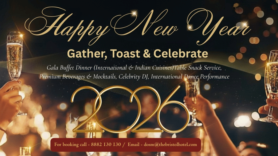 A festive banner for The Bristol Hotel's Happy New Year 2026 celebration featuring champagne glasses, a Gala Buffet, DJ, and dance performance.