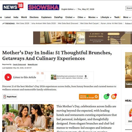 Digital Press coverage of Karma Lakelands by News 18 showcasing Mother’s Day celebrations and hospitality experiences.