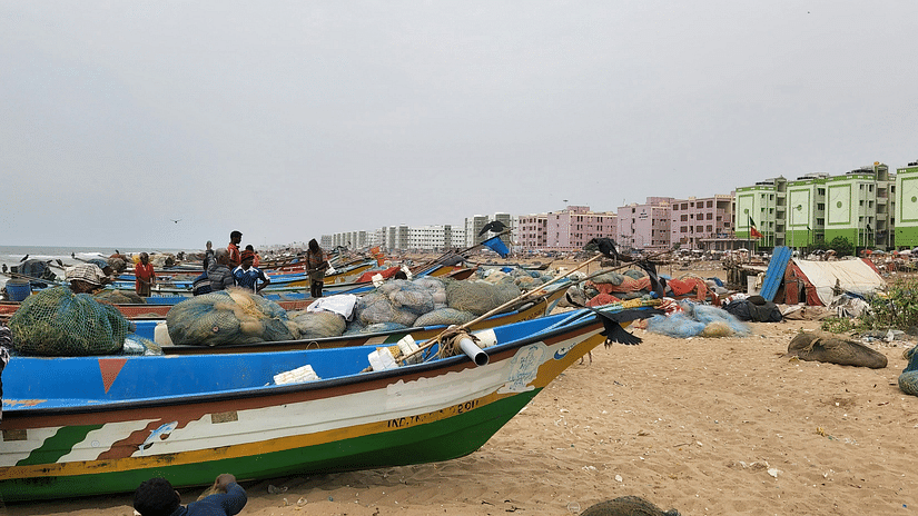Boats by the shore at Marina Beach