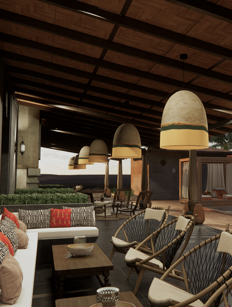 An outdoor lounge with seating, hanging lights, and a view of a pool and cabanas - Rhino and River BluSalzz Collection, Pobitora