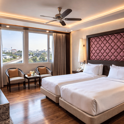 A room at Clarks Avadh, Lucknow, featuring twin beds, spreads, pillows, a television, and large windows.