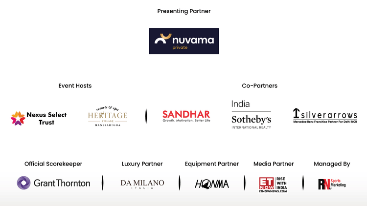 Sponsor logos for a golf event, including Nuvama, Heritage Village, Sandhar, Sotheby's, Silver Arrows, Grant Thornton, Da Milano, Honma, ET Now, and RandA Sports Marketing