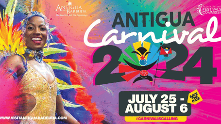 Promotional poster for Antigua Carnival 2024 features a woman in an ornate, feathery costume with bold text.