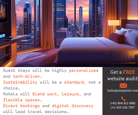 A modern hotel room with skyline views at sunset, featuring bullet points on 2030 hospitality trends and a callout for a free website audit by Simplotel.