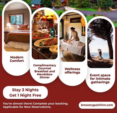 A promotional poster of Brewery Gulch Inn & Spa showing an aerial view of the property surrounded by trees and coastline, along with images of a guest room, plated gourmet dishes, a spa treatment, and a couple by the ocean, highlighting a stay 3 nights and