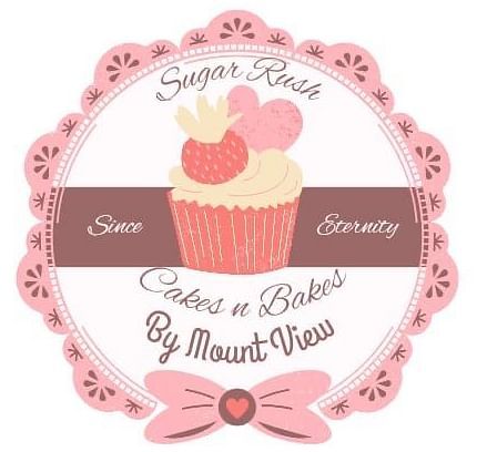 Sugar Rush Cakes & Bakes by Mount View featuring a whimsical cupcake topped with pink frosting, a cherry, and berries, set inside a vintage-style circular frame with scalloped pink edges.