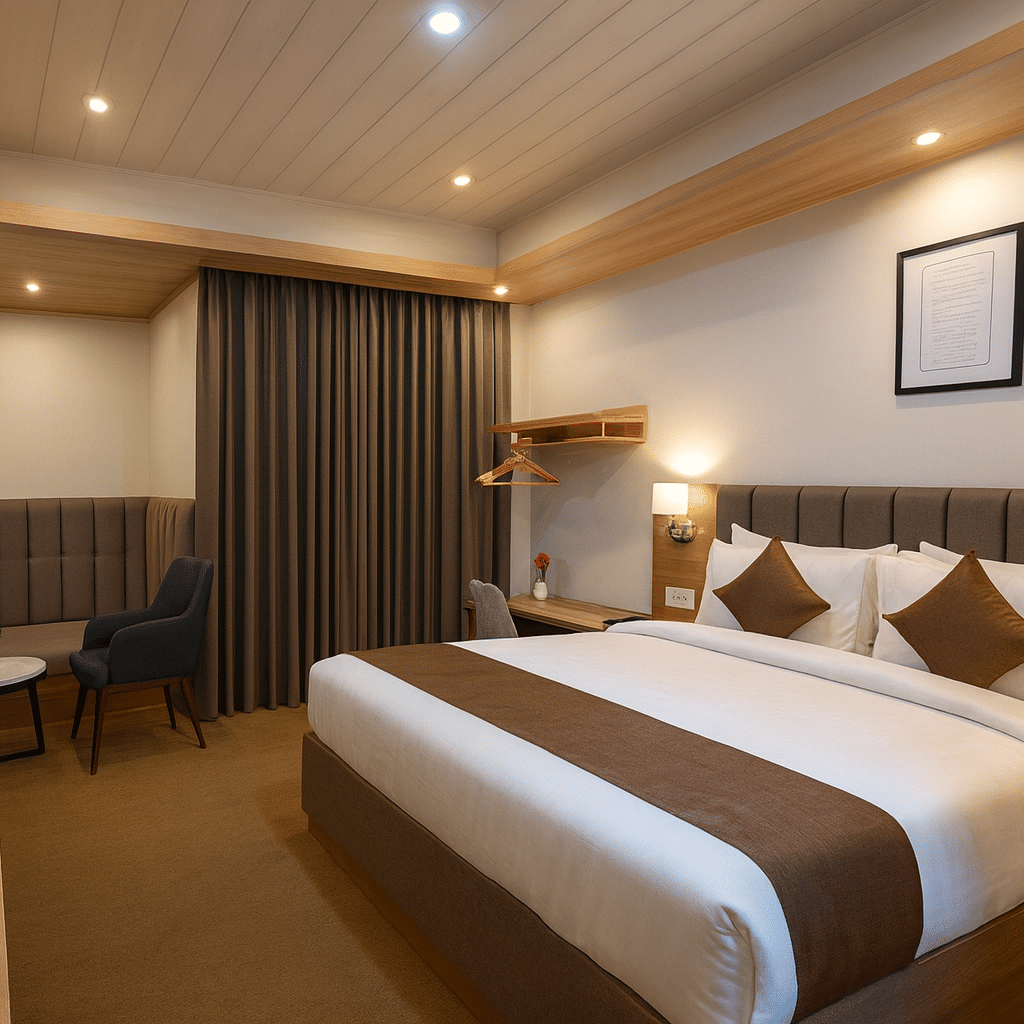 Luxury hotel room in Gangtok featuring a king-size bed with crisp linens, warm wooden interiors, modern amenities, and premium lighting for a comfortable stay