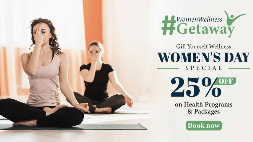 Yo1 Womens Day Banner featuring three women meditating on yoga mats indoor 