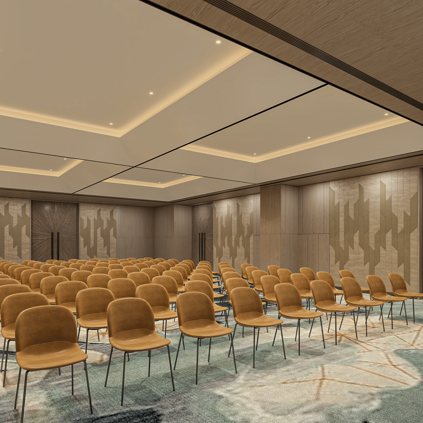 A classroom style chair arrangement with good lighting and doors