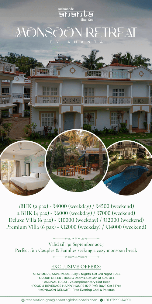 Charming monsoon getaway at Ananta's villa retreat in Goa, featuring elegant rooms, a serene pool, cozy outdoor dining, and exclusive seasonal offers for couples and families.