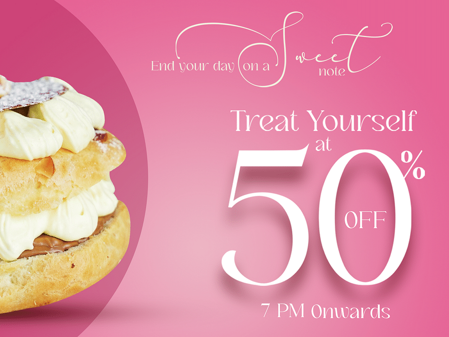 Happy Hour banner showcasing the the 50% offer and a dessert - Karma Lakelands.