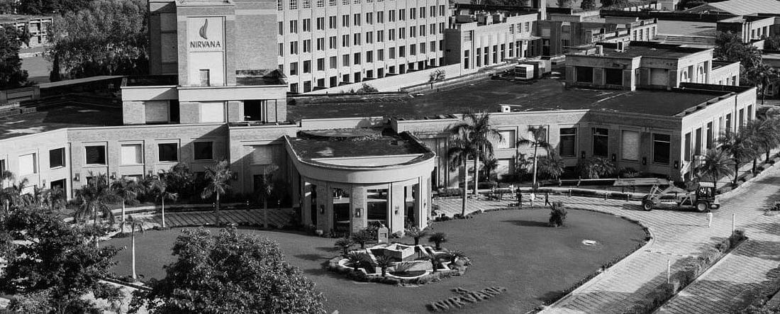 Black and white image of an aerial view of Nirvana Luxury Hotel, Ludhiana 