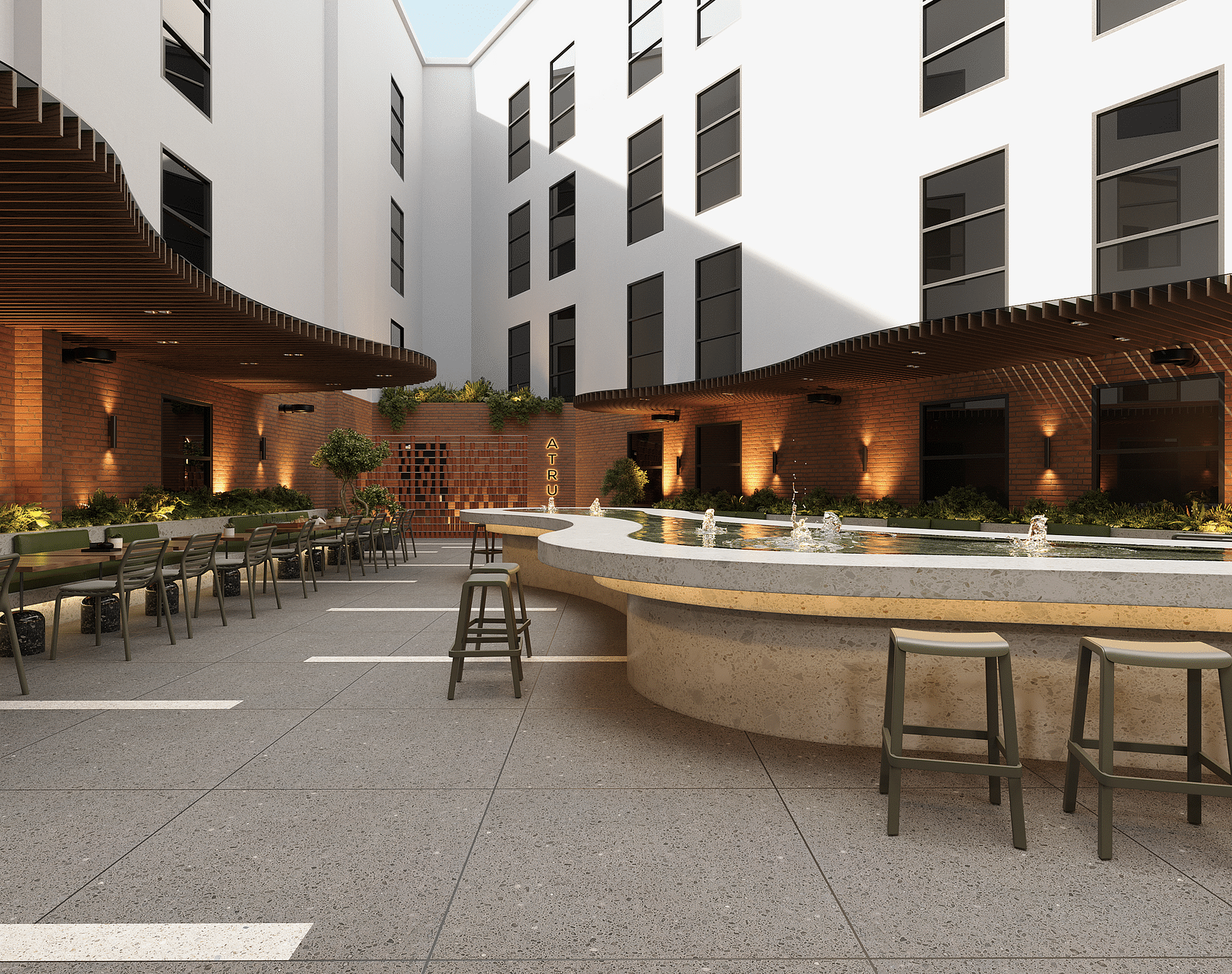 Comfortable dining seating at the Atrium at The Pelican Hotel, Accra.