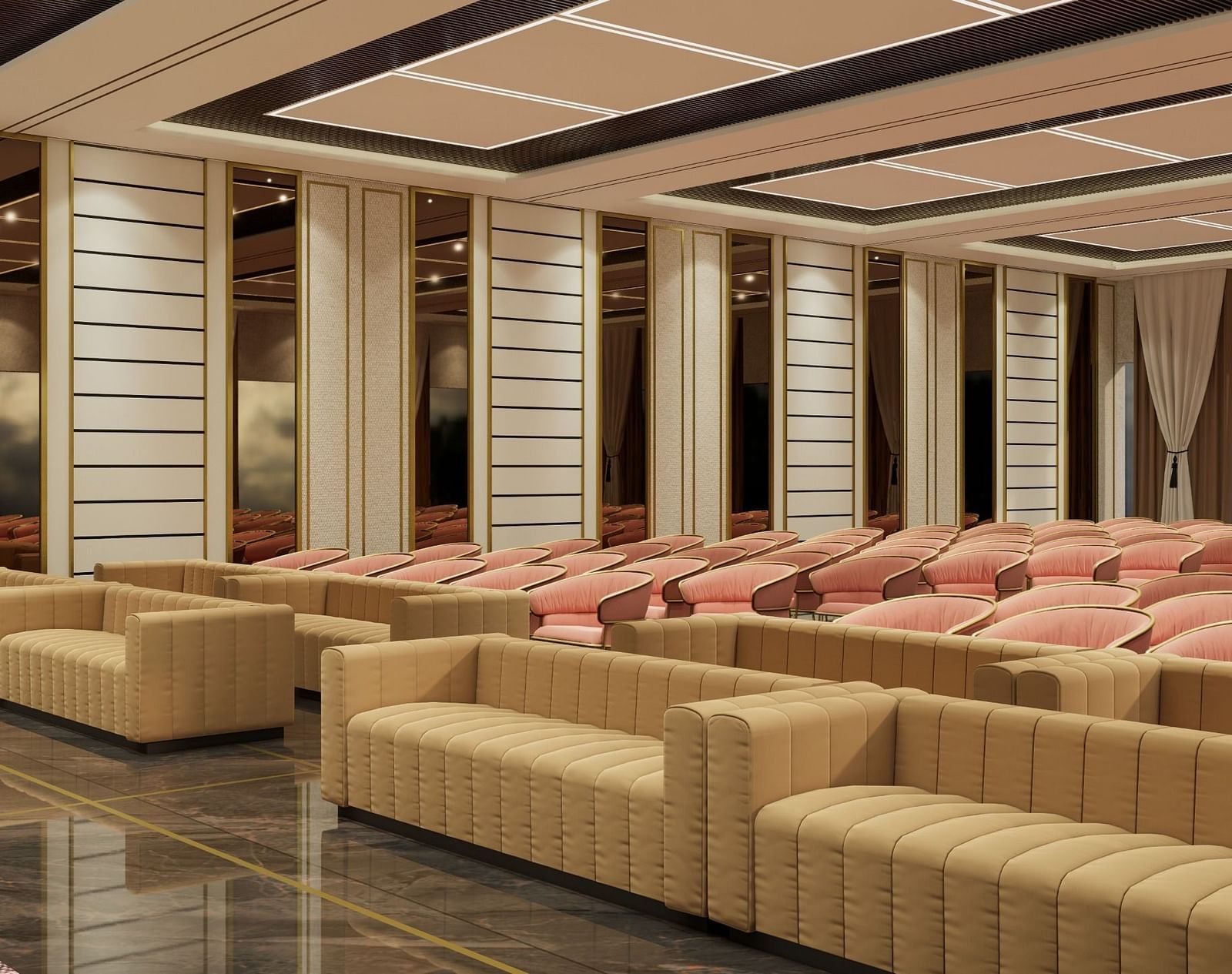 A spacious lounge with plush beige seating, warm lighting, and a modern ceiling design at Town Square Suites.