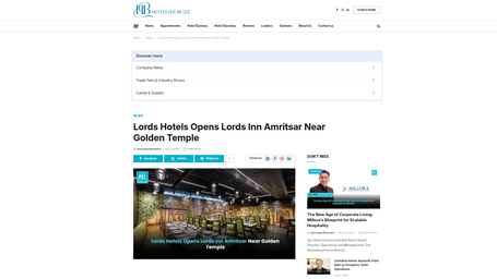 An article by HB showcasing Lords Hotels opens new Lords Inn Amritsar.