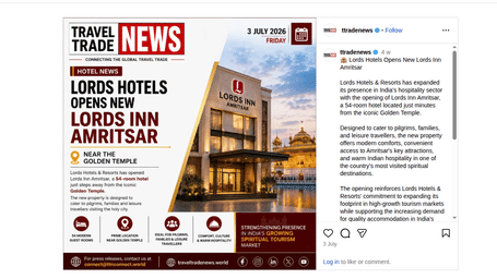 An article by Travel Trade News showcasing Lords Hotels opens new Lords Inn Amritsar.