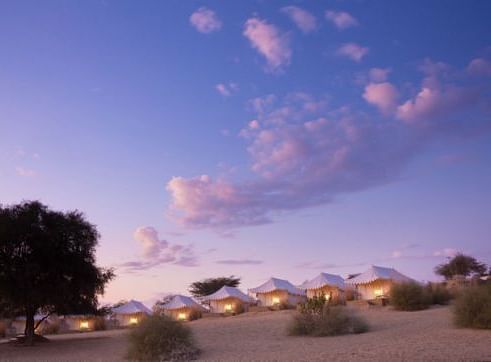 An image of the tent area at MANVAR Resort & Desert Camp in the desert with sparse greenery and the evening sky