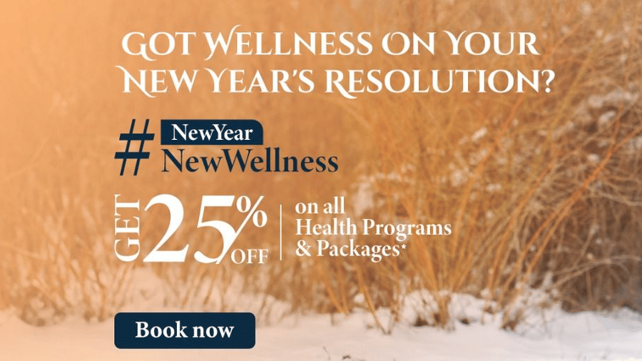 A woman meditates in a snowy landscape, with text promoting a New Year New Wellness offer at YO1 Longevity & Health Resorts, Catskills.