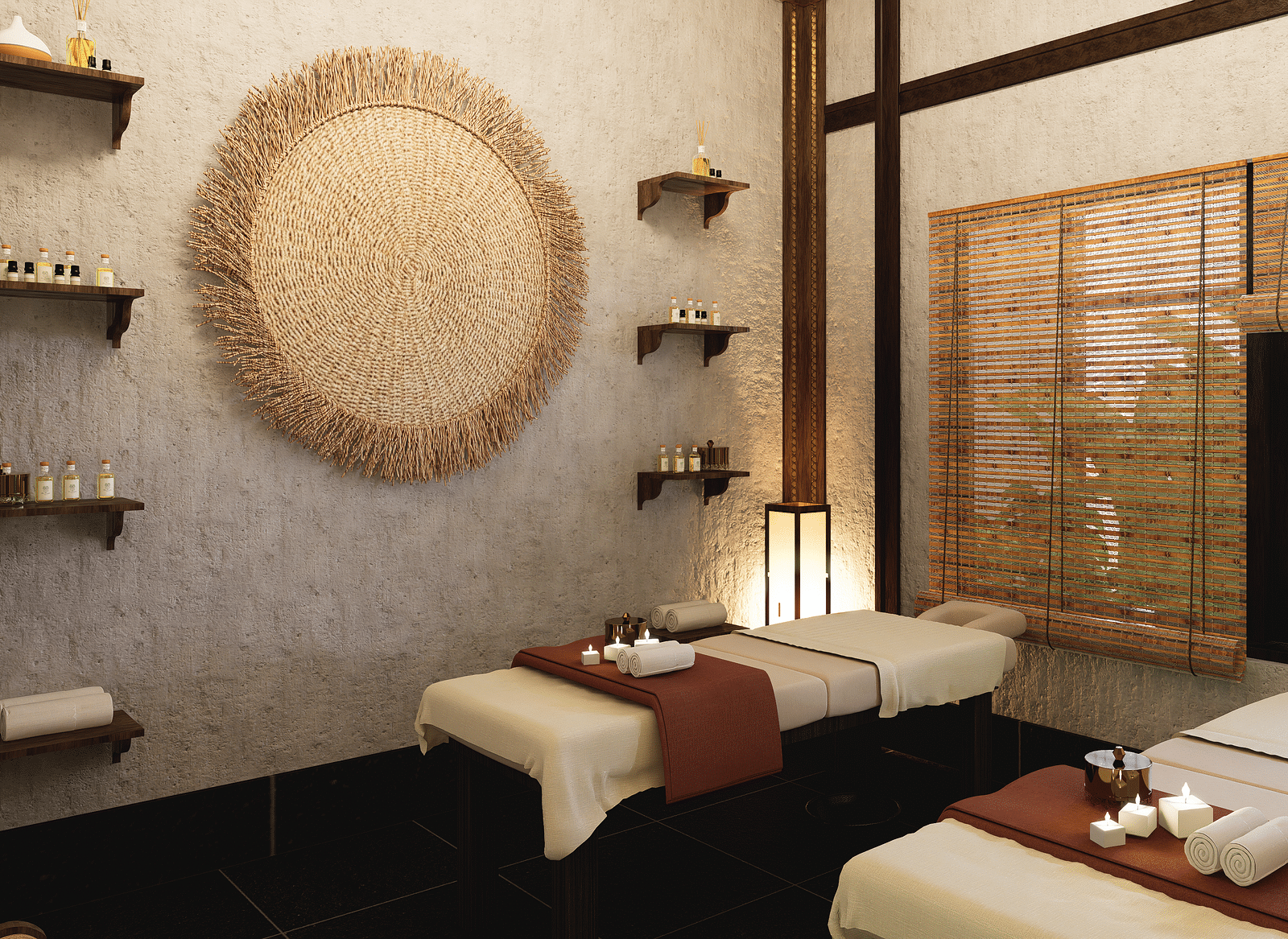 A room with two massage tables, a round woven wall hanging, shelves, and blinds on a window - Rhino and River BluSalzz Collection, Pobitora