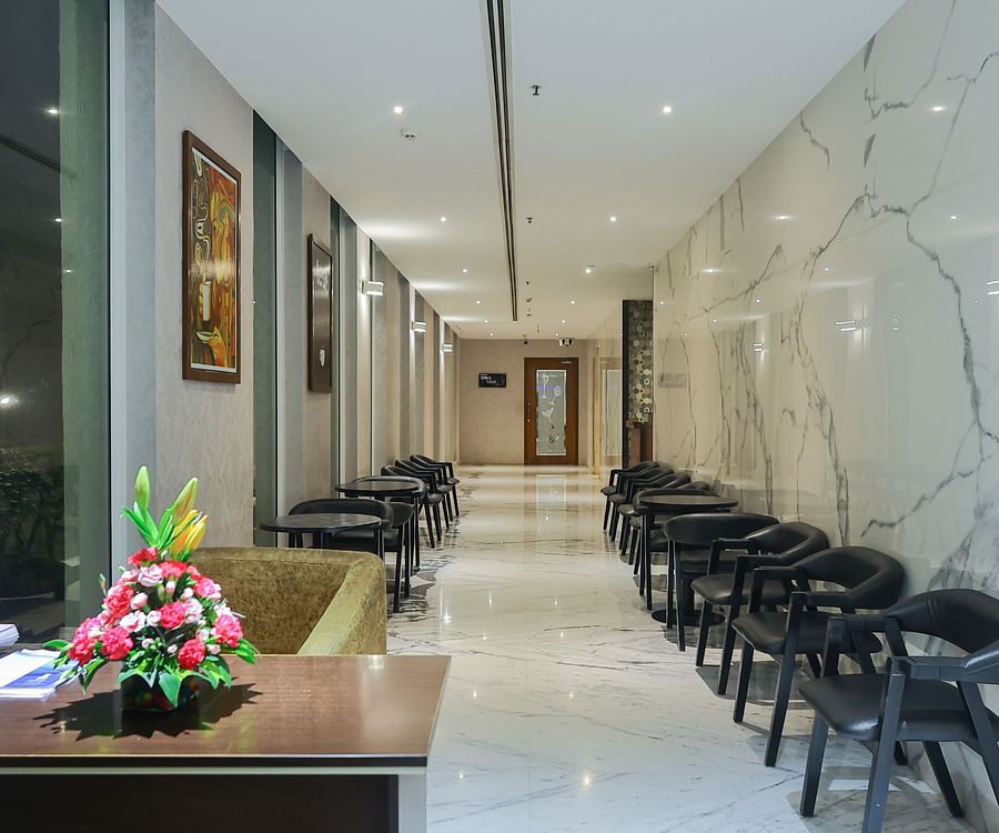 Pathway to DM desk and black velvet entry at Icon Premier Hotel by Bhagini, Devarabisanahalli