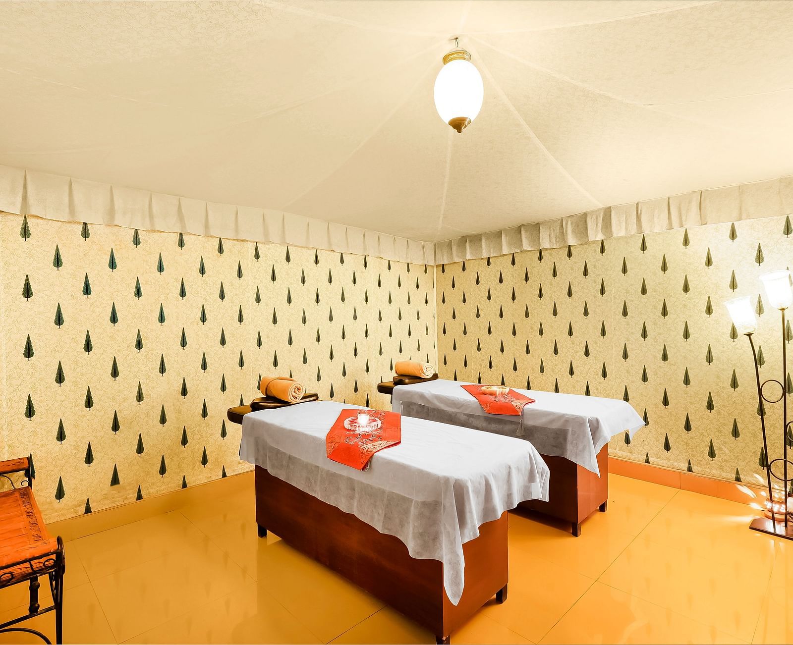 An overview of the spa room with two massage beds next to each other - Rajasthali Resort & Spa, Jaipur.