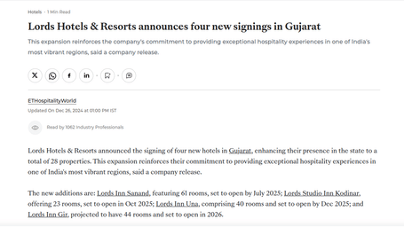 Screenshot of an article titled “Lords Hotels & Resorts announces four new signings in Gujarat,” detailing the brand’s expansion with four new hotels in the state.