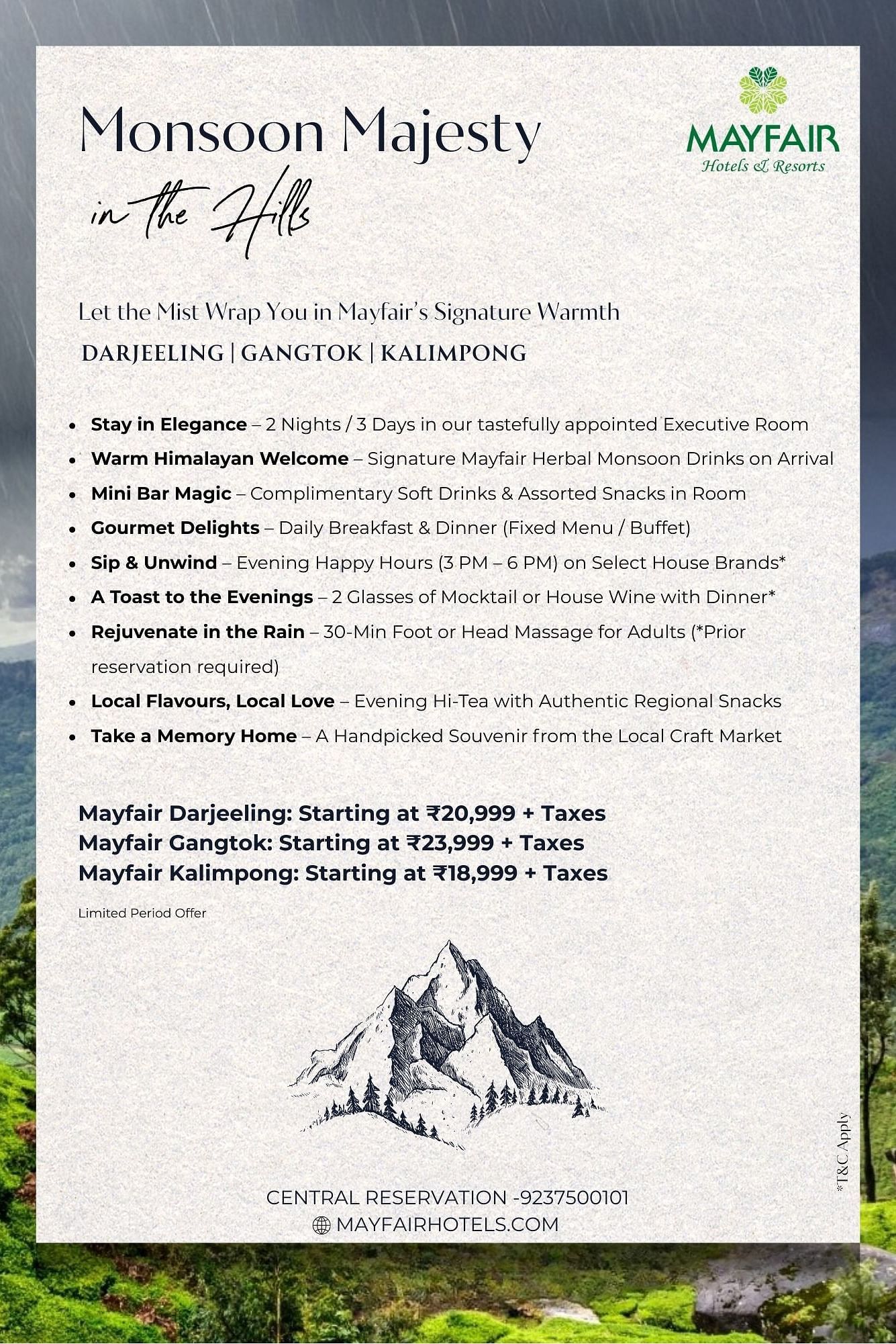 Monsoon Majesty at Ananta by MAYFAIR – detailed flyer highlighting exclusive monsoon stay packages with breakfast, spa discounts, and nature-inspired experiences at select luxury properties.