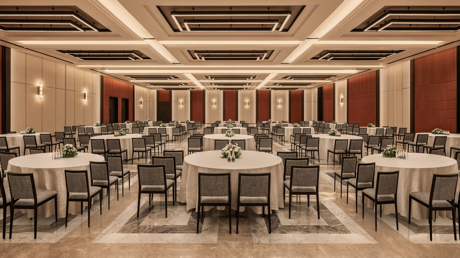 Convention Centre III & IV set up conference style with round tables and chairs at The Residency Signature Madurai.