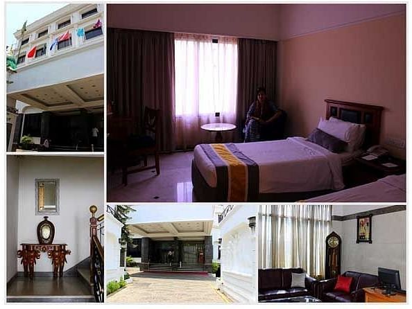A collage image consisting of facade images, bed room, living area and a staircase