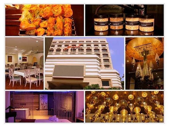A collage image consisting of a facade image, dining area, bedroom, food platter, and interior decoration