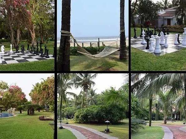 A collage showcasing a life-size outdoor chessboard with large chess pieces placed on a checkered surface.