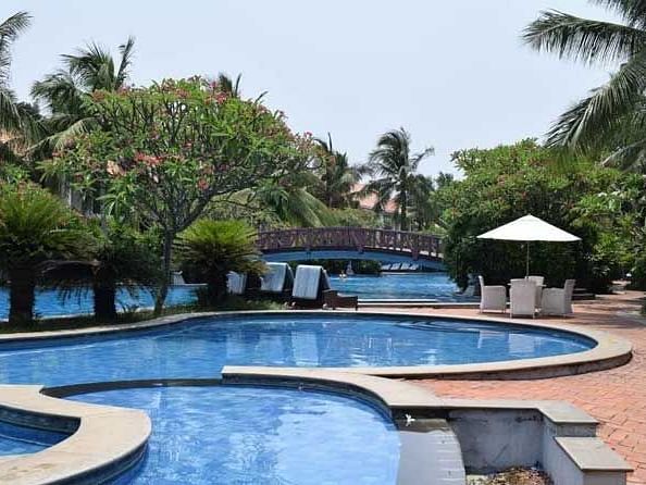 A view of a swimming pool with a lot of trees in the background.