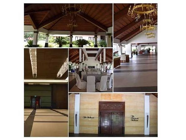 A collage showing different views and features of a banquet hall