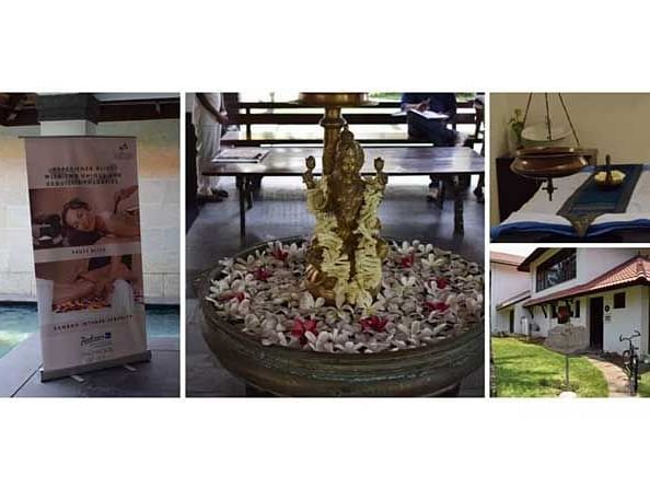 A collage showing a spa entrance and a vessel filled with colourful flowers.