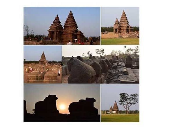 A collage showcasing Mahabalipuram Temple from various angles