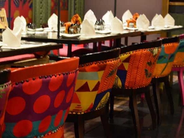 A close up shot of the seating arrangement of a restaurant