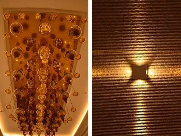 A bunch of lights hanging from the ceiling.