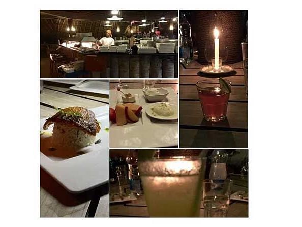 A collage of various dishes displayed on a table with candles.