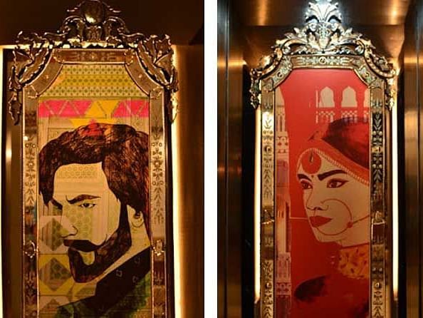 Cloth painting depicting Ranveer Singh and Deepika Padukone.
