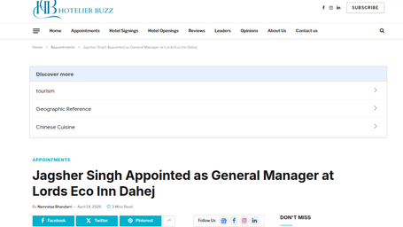 An article by Hotelier Buzz with the title Jagsher Singh Appointed as General Manager at Lords Eco Inn Dahej