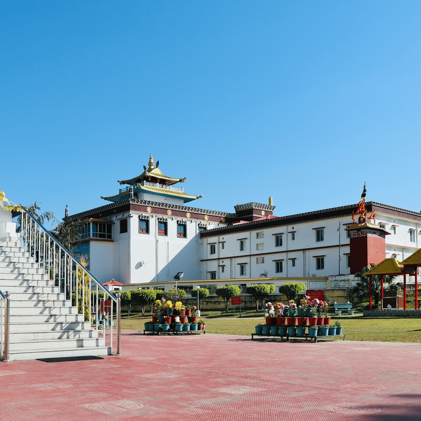 The Mindrolling Monastery with potted plants, steps leading to a building, as seen during day time.