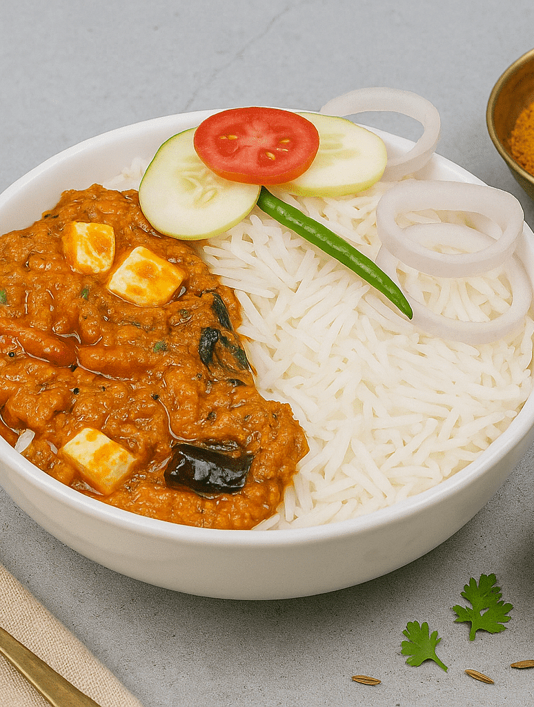 Panner rice bowl served with, curry, pickle, and salad at Tisya Farms, Gurgaon.